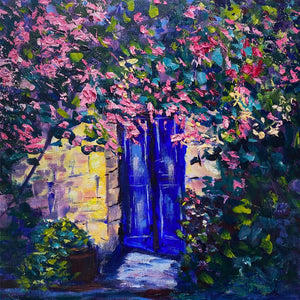 Beautiful painting of a blue door surrounded by flowers