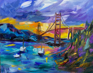 Impressionist colourful oil painting of the Golden Gate Bridge in San Francisco