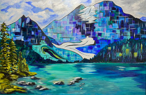 Colourful mountain painting of Shadow Lake in Banff