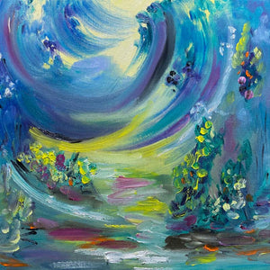 Colourful abstract impressionist oil painting of swirling vineyards