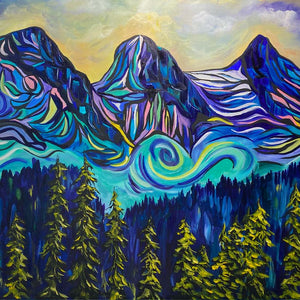 beautiful and colourful painting of the Three Sisters mountains in Canmore