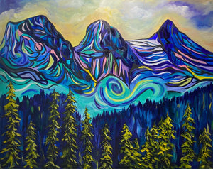 beautiful and colourful painting of the Three Sisters mountains in Canmore